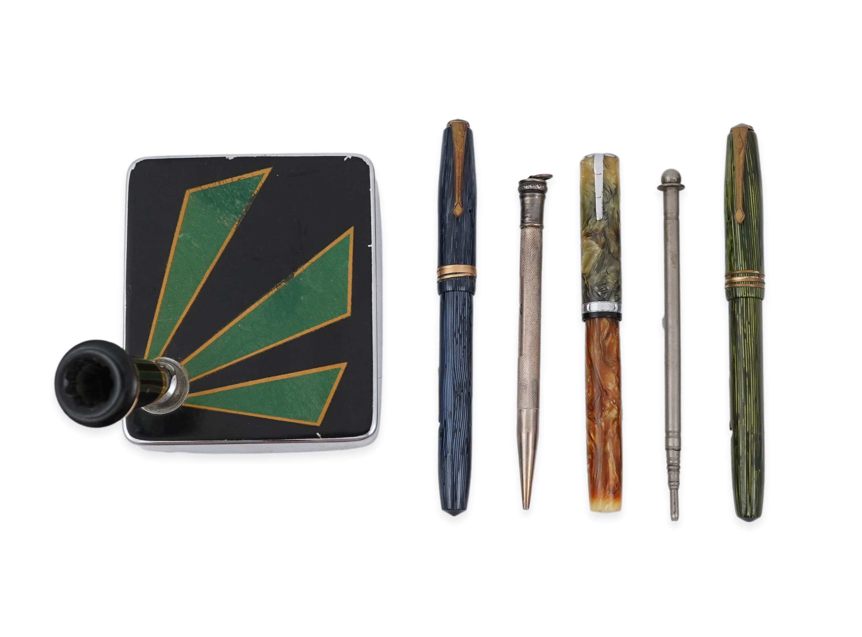 A Parker 'Art Deco' desk/pen base plus Waterman Lady Patricia and Conway Stewart Pens, etc.